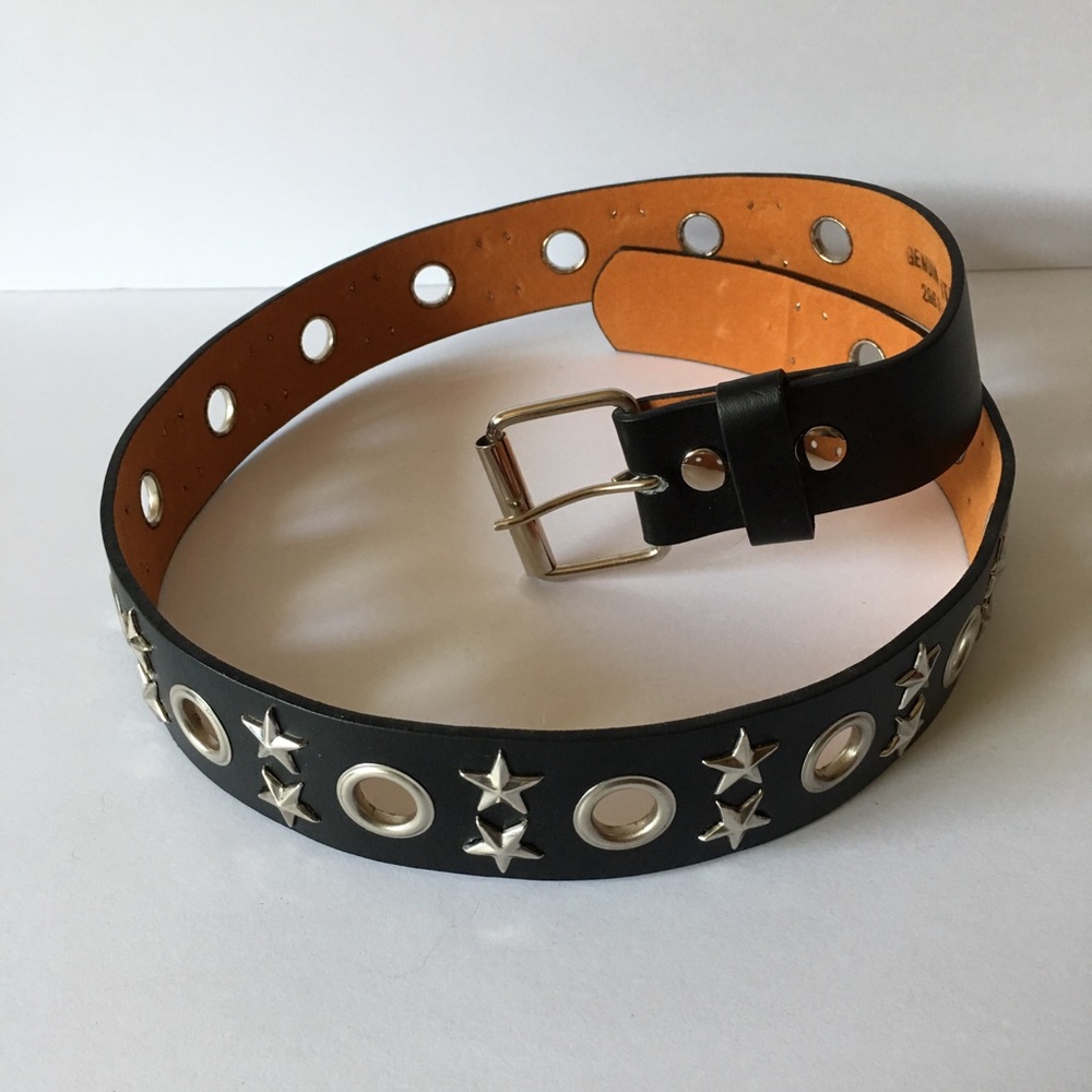 Black Studded Hip Belt Silver Tone Buckle Stars - Picture 3 of 3